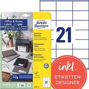 AVERY Zweckform 3481-10 Address Labels (210 Adhesive Labels, 70 x 41 mm on A4, Printable Return Labels, Self-Adhesive Address Labels with Ultragrip, Ideal for Home Office) 10 Sheets, White