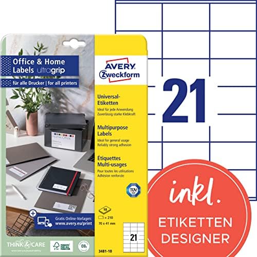 AVERY Zweckform 3481-10 Address Labels (210 Adhesive Labels, 70 x 41 mm on A4, Printable Return Labels, Self-Adhesive Address Labels with Ultragrip, Ideal for Home Office) 10 Sheets, White