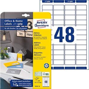 AVERY Zweckform 7636-10 Address Labels (480 Labels with Ultra Grip, 45.7 x 21.2 mm on A4, Printable, Self-Adhesive, for Return Labels, Ideal for Home Office) 10 Sheets White