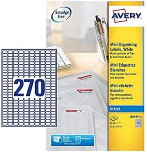 Avery J8659-25 Printable, Customisable Mini Filing Labels, 270 Labels Per A4 Sheet, White