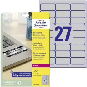 Avery Zweckform L6011-20 Heavy-Duty Labels 63.5 x 29.6 mm Weather-Resistant 20 Sheets / 540 Labels Silver