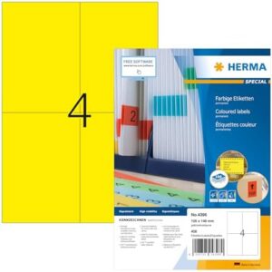 HERMA 4396 Self Adhesive Coloured Labels, 4 Labels per A4 Sheet, 100 Sheets, 105 x 148 mm, 400 Labels, Blank Colour Labels Stickers, Sticky Labels for Laser & Inkjet Printer, Yellow