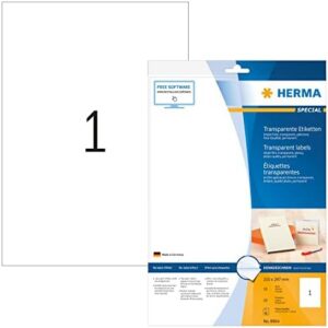 HERMA 8964 Self Adhesive Clear Film Inkjet Labels, 1 Label per A4 Sheet, 10 Sheets, 210 x 297 mm, 10 Labels, Blank Weatherproof Labels Stickers, Sticky Labels for Inkjet Printer, Transparent