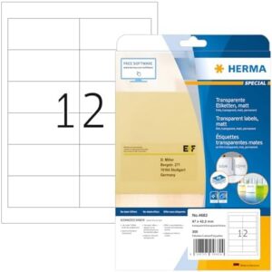 HERMA Self Adhesive Clear Film Labels, 12 Labels per A4 Sheet, 25 Sheets, 97 x 42.3 mm, 300 Labels, Blank Weatherproof Labels Stickers, Sticky Labels for Laser & Inkjet Printer, Transparent