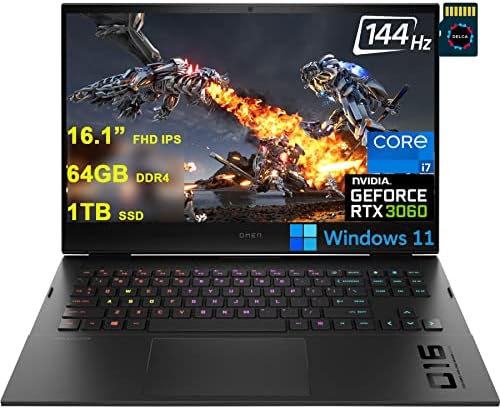 HP Omen 16 Gaming Laptop I 16.1” Full HD IPS 144Hz 7ms I 11th Gen Intel 8-Core i7-11800H I 64GB DDR4 1TB SSD I Geforce RTX 3060 6GB I Thunderbolt Backlit Win11 + 32GB MicroSD Card