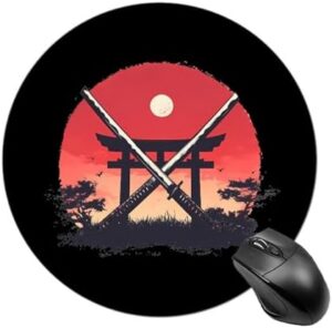 Samurai Katana Tori Gate Round Mouse Pad Mat Waterproof Mousepad Anti-Skid Base for Computer Laptop