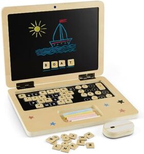 Wooden Computer Pretend Play Set – Pretend Laptop Toy for Kids, Toddlers – Montessori Learning Board for Kids (Ages 2-8) – 41 Magnetic Keys, Chalk Box, Portable Drawing & Writing Board | 11.5 x 8.5