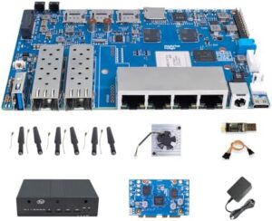 youyeetoo Banana Pi BPI-R4 WiFi 7 Router Development Board, 8GB RAM, 8GB eMMC, MediaTek MT7988A Chip, 2X 10Gbe SFP Slots, 4X Gbe Ports, Metal Case (Wi-Fi 7 Paket Bulk)
